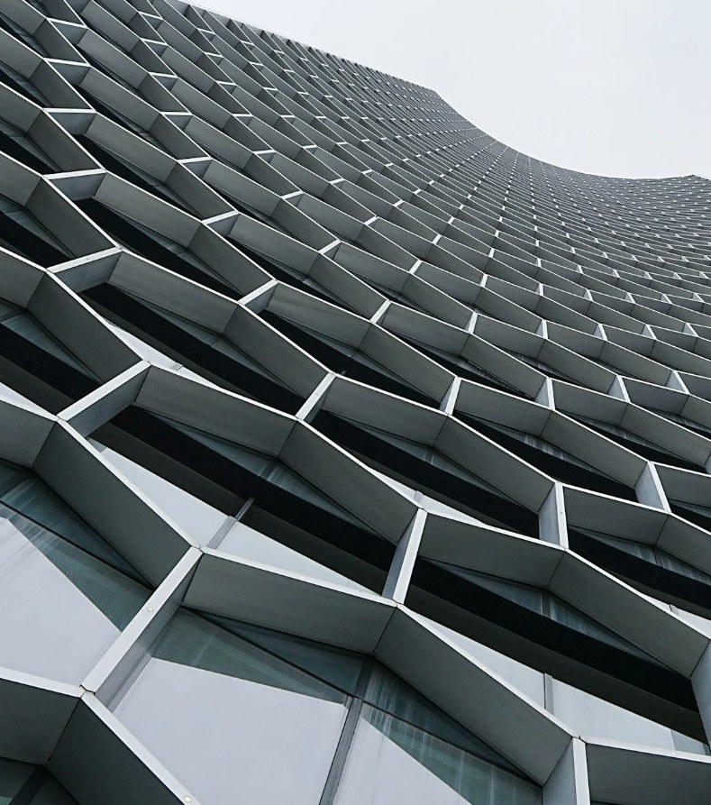 Geometric building facade seen from below